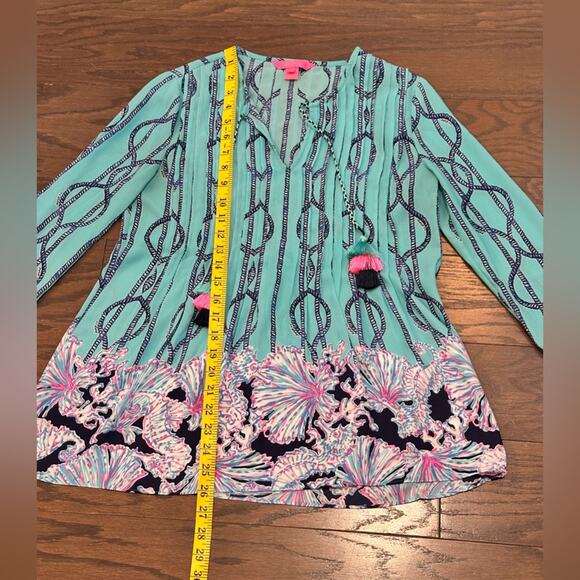 Lilly Pulitzer Marilina Tunic - Light Aqua Frayed Knot Blouse Size XXS - Picture 2 of 8